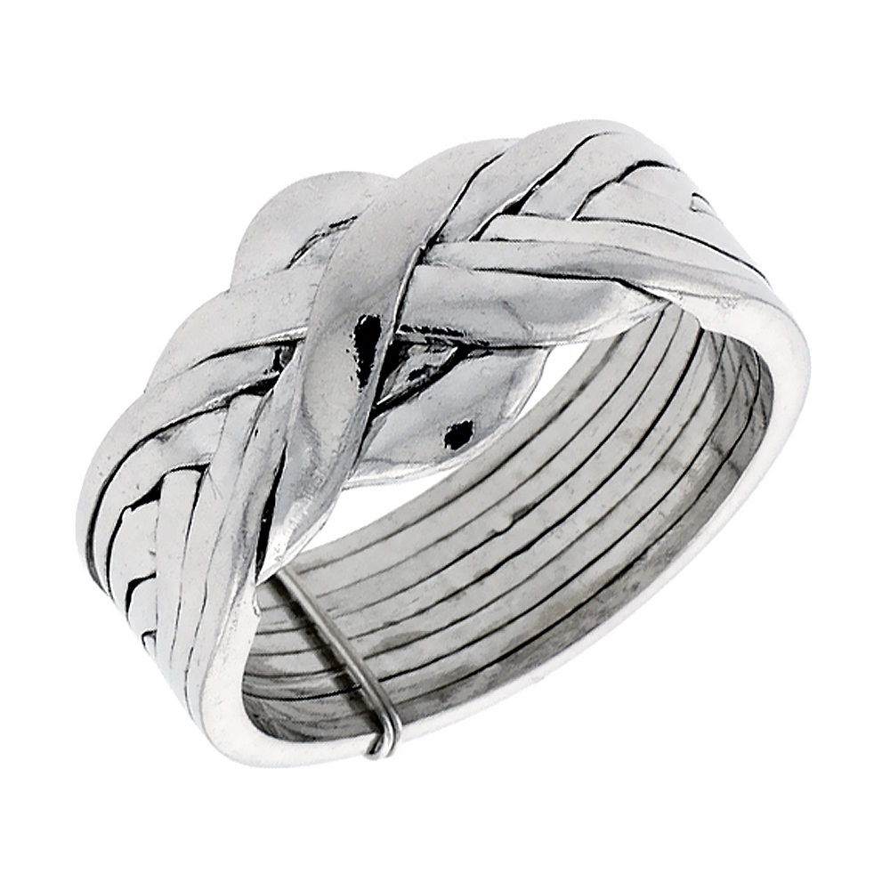 Sterling Silver 8-Piece Love Knot Braided Design Puzzle Ring Band, 1/2 in. (12 mm) wide