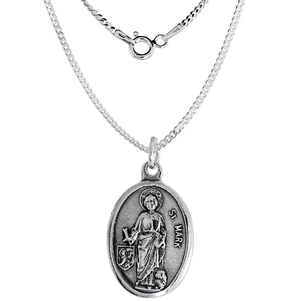 Sterling Silver St Mark Medal Necklace Oxidized finish Oval 1.8mm Chain