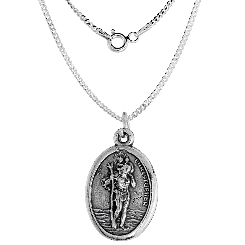 Sterling Silver St Christopher Medal Pendant Oxidized finish Oval 7/8 inch