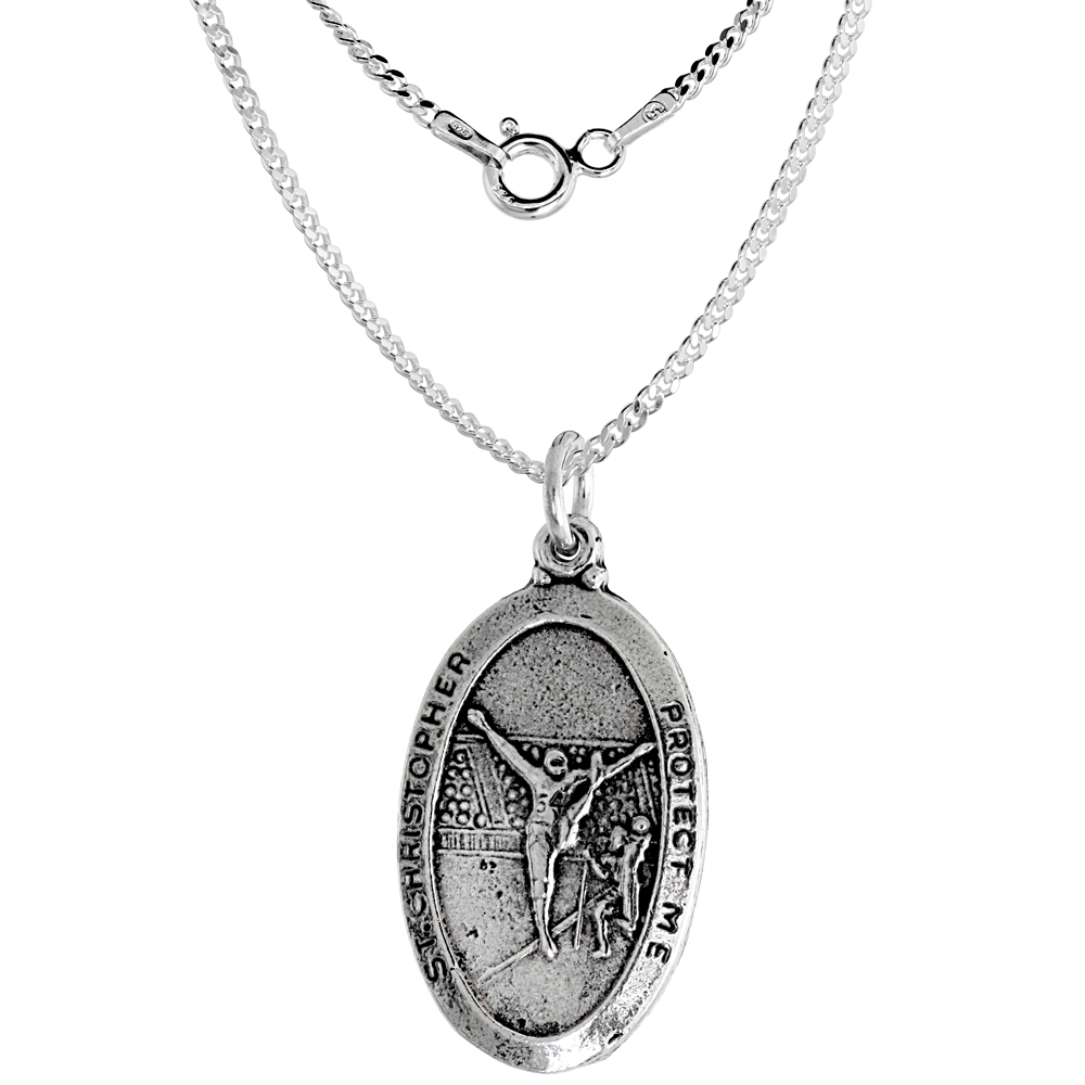 Sterling Silver St Christopher Medal Necklace Oxidized finish for Gymnasts Oval 1.8mm Chain