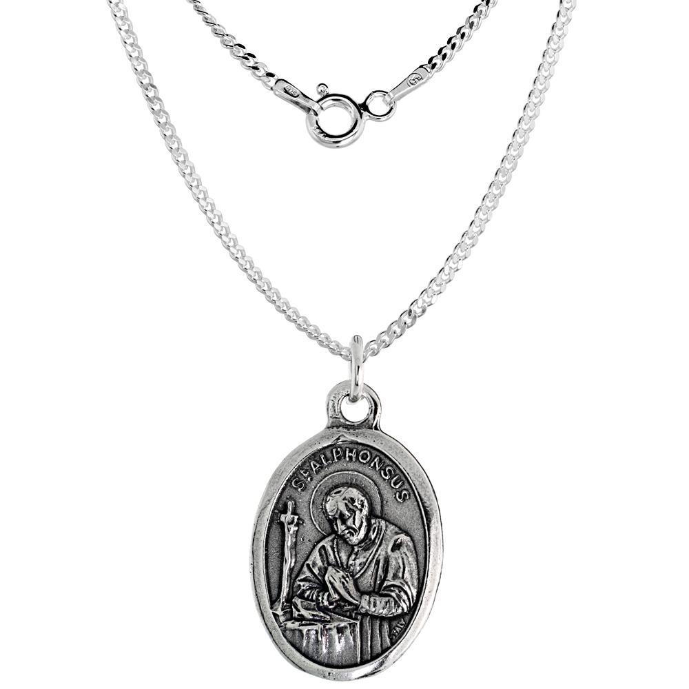 Sterling Silver St Alphonsus Medal Necklace Oxidized finish Oval 1.8mm Chain