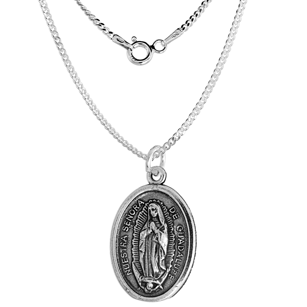 Sterling Silver Our Lady of Guadalupe &amp; Medal Necklace Oxidized finish Oval 1.8mm Chain