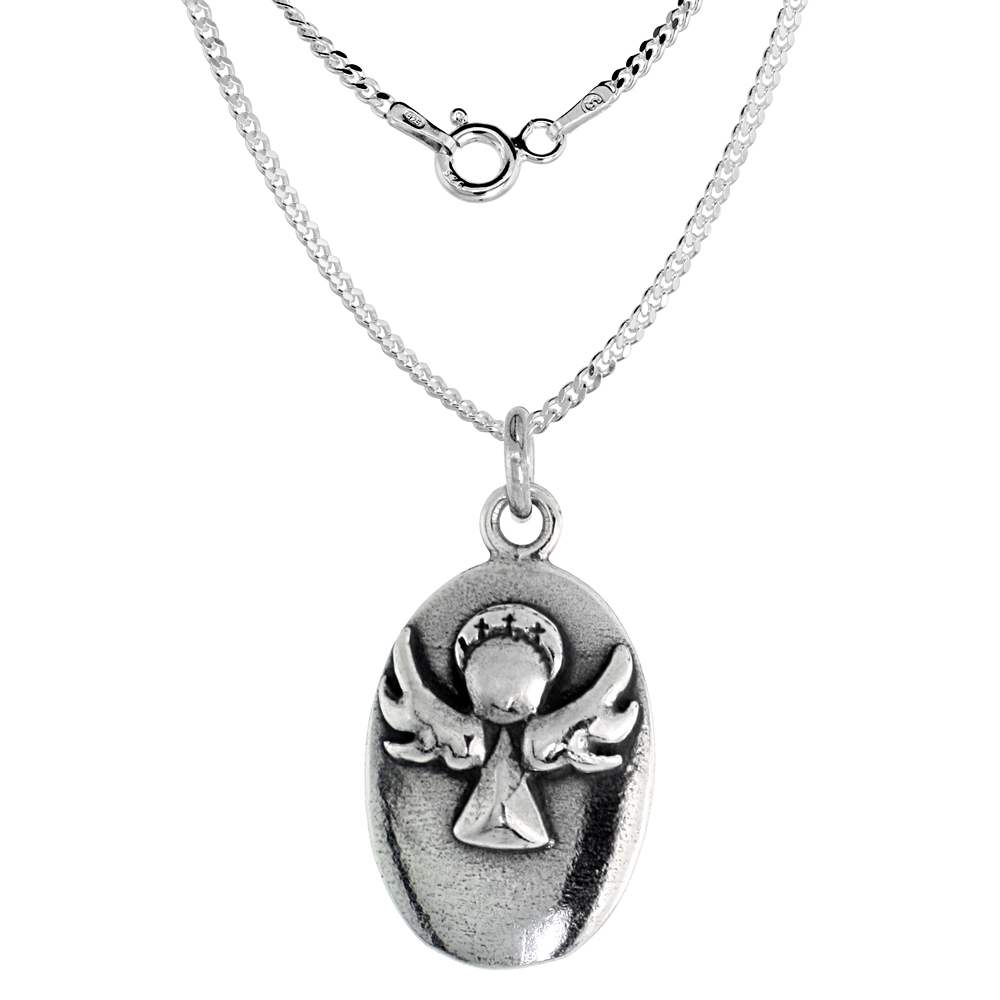 Sterling Silver Guardian Angel Medal Pendant Oxidized finish Oval 13/16 inch