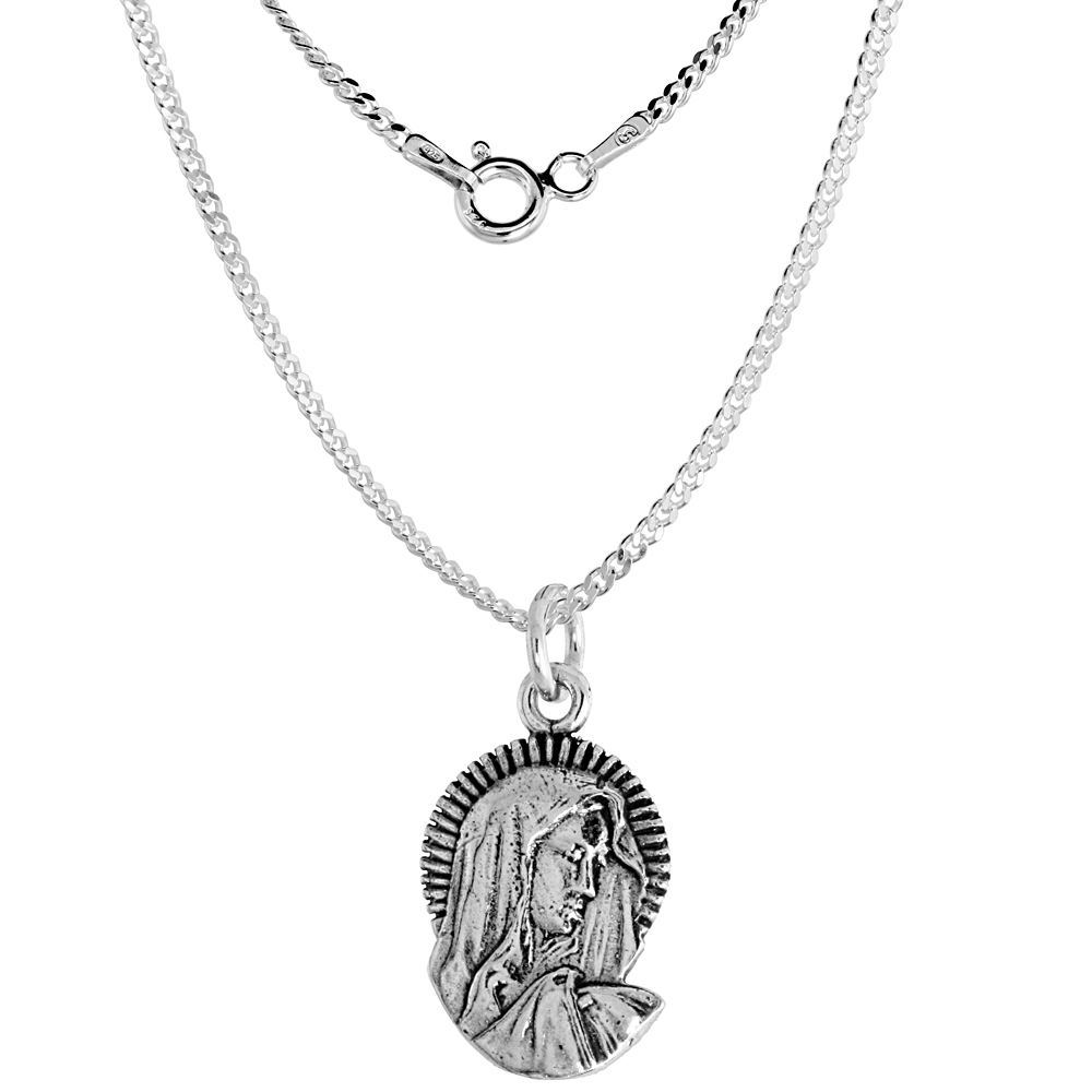 Sterling Silver Blessed Virgin Mary Medal Necklace Oxidized finish Oval 1.8mm Chain