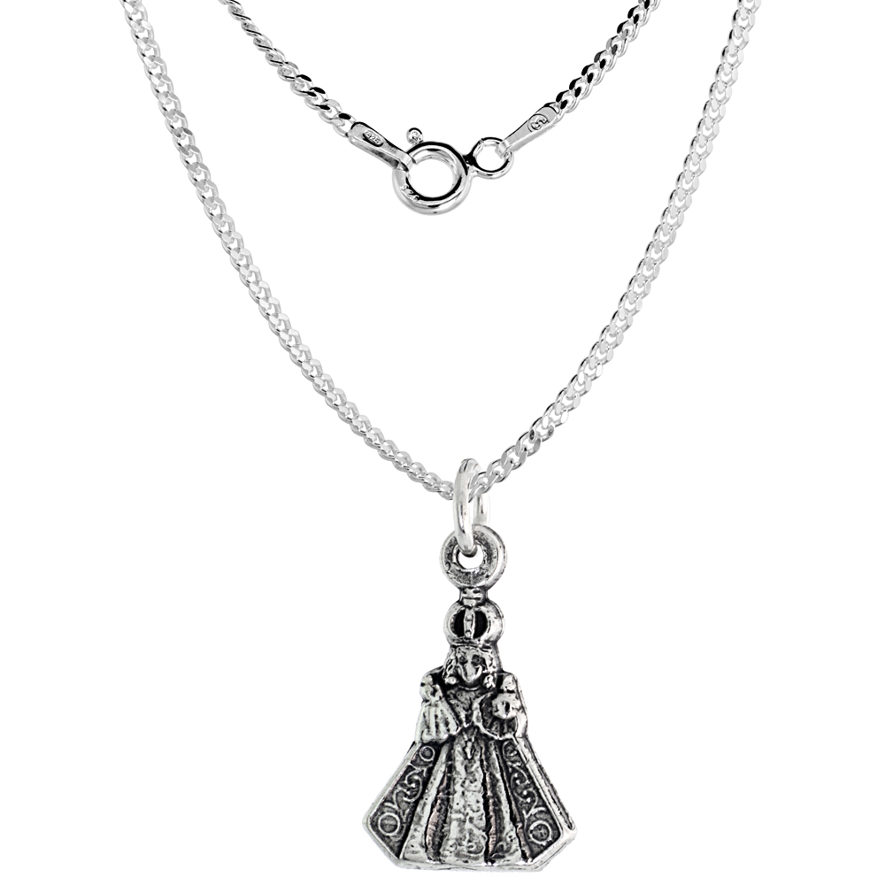 Sterling Silver Infant Jesus of Prague Medal Necklace Oxidized finish Oval 1.8mm Chain