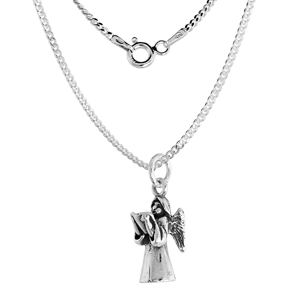 Sterling Silver Guardian Angel Medal Necklace Oxidized finish 1.8mm Chain