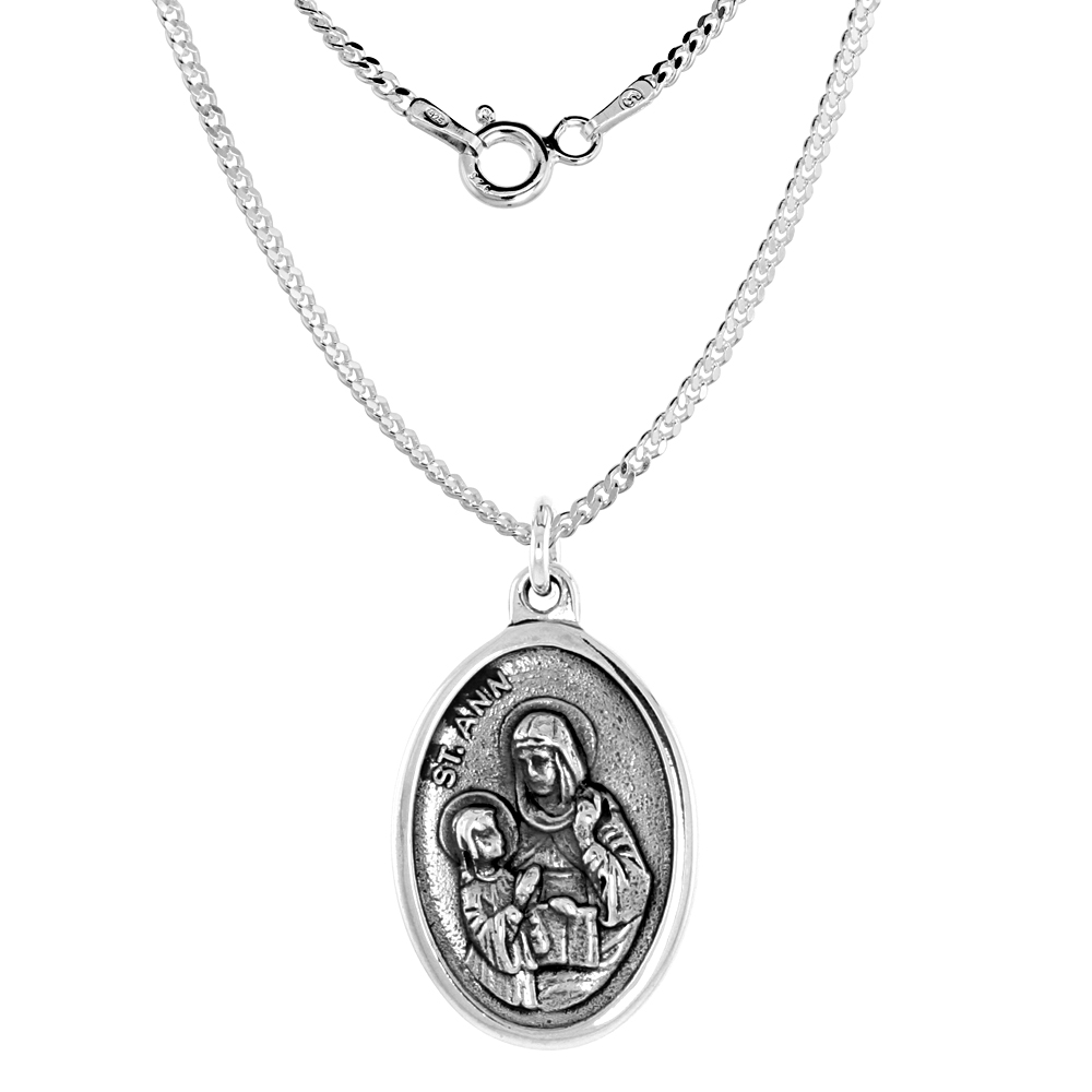 7/8 inch Sterling Silver St Ann Medal Pendant Oxidized finish Oval