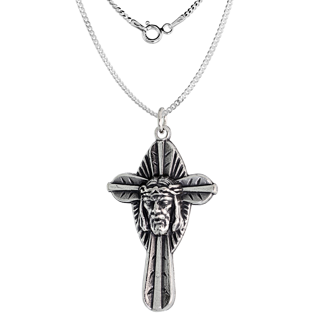 1.5 inch (43mm) Sterling Silver Jesus Crown of Thorns Palm Leaf Crucifix Pendant Oxidized finish available with or w/o Chain