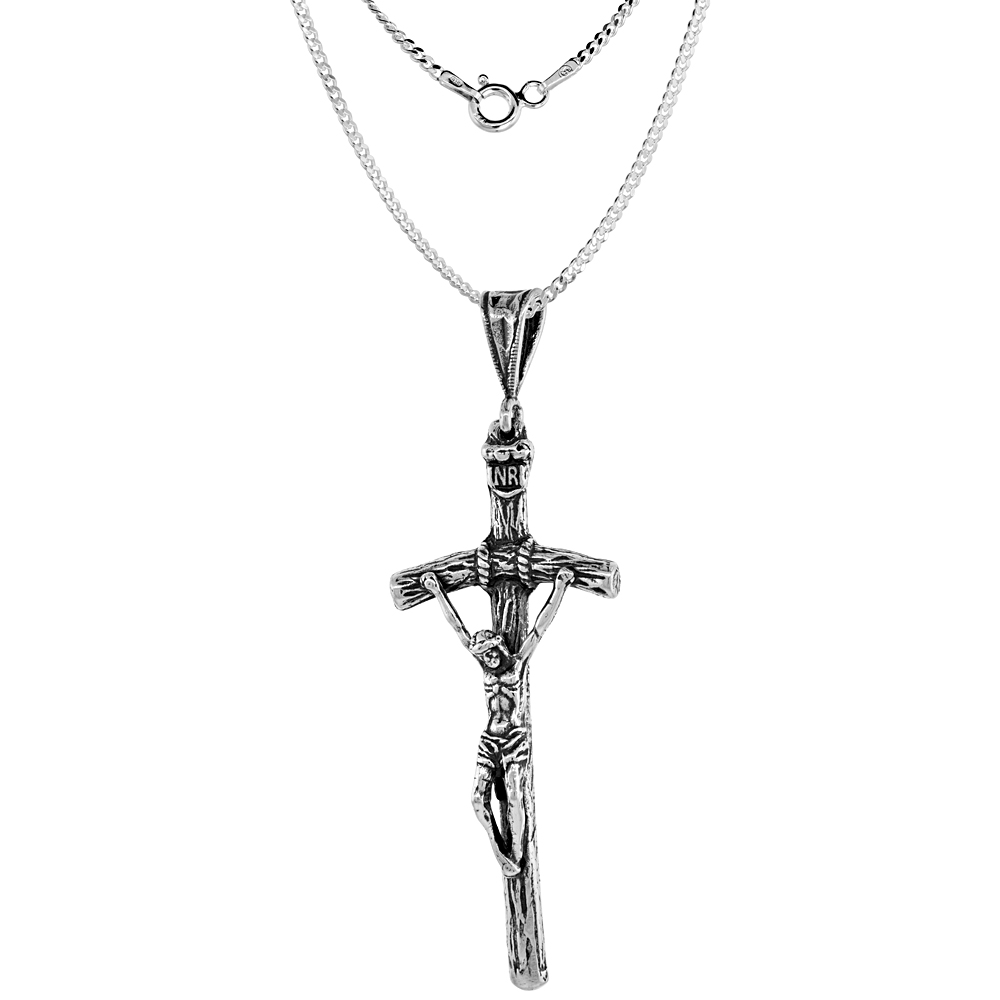 2 1/8 inch (53mm) Sterling Silver Pope John Paul II Pastoral Crucifix Necklace Oxidized finish available with or w/o Chain