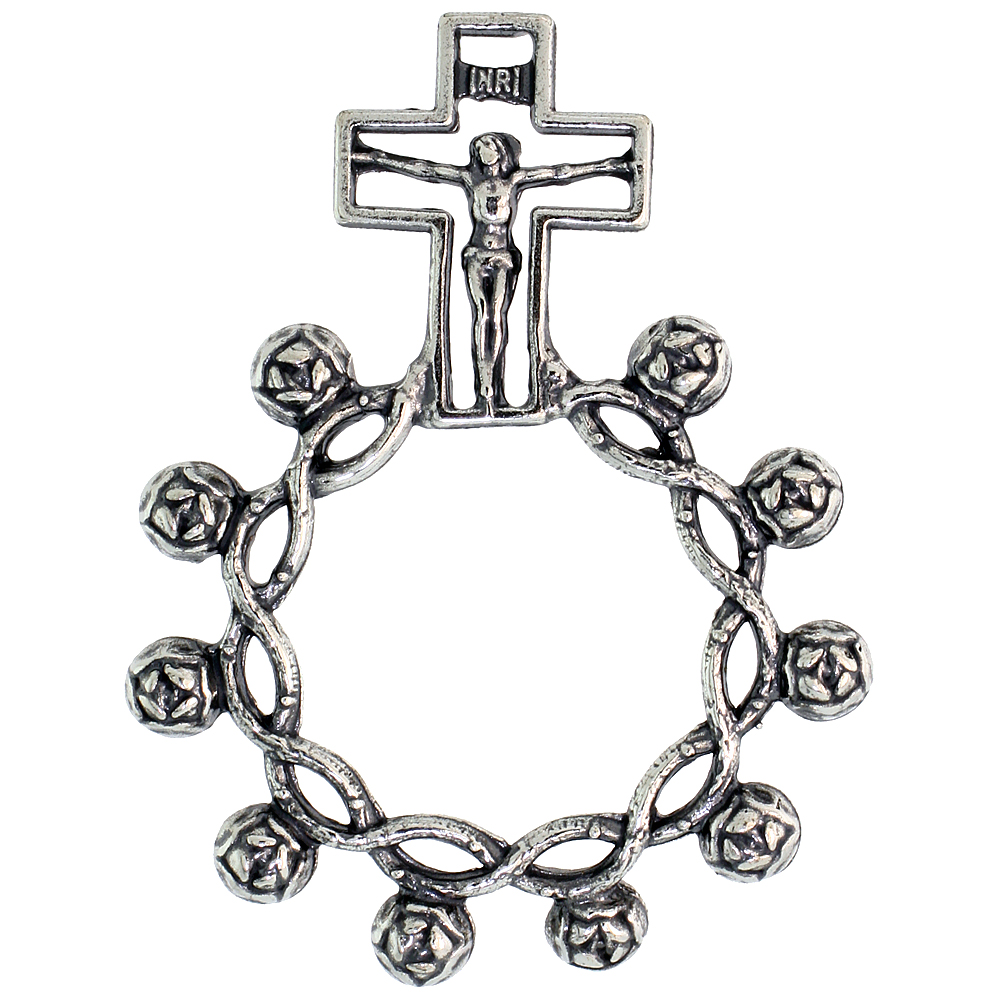 Sterling Silver Knotted Beads Rosary Ring One Mystery Single Decade Rosebud Beads Cutout Pattern 1 11/16 inch