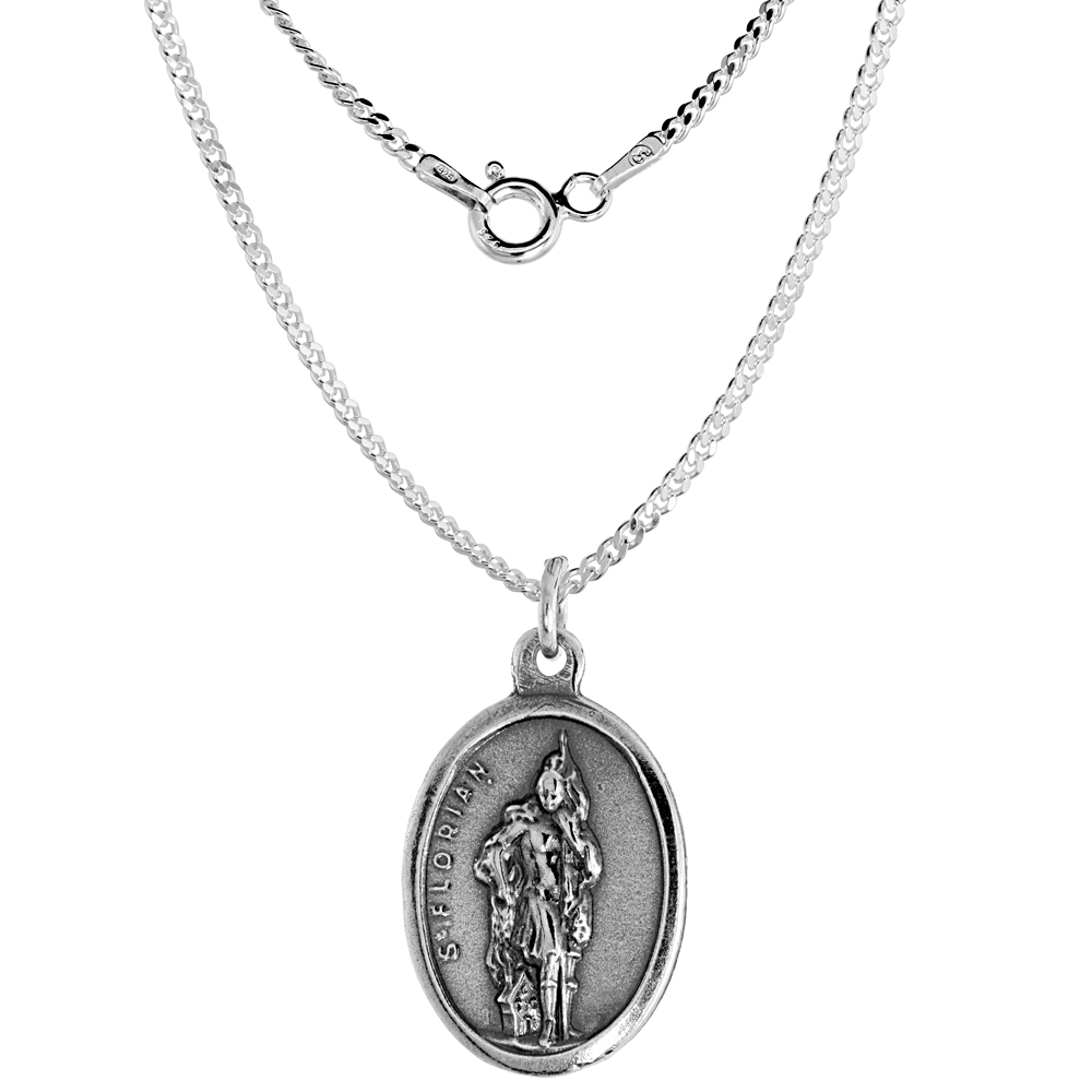 Sterling Silver St Florian Medal Necklace Oxidized finish Oval 1.8mm Chain