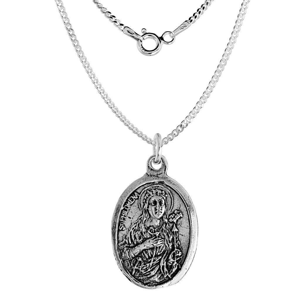 Sterling Silver St Philomena Medal Pendant Oxidized finish Oval 7/8 inch