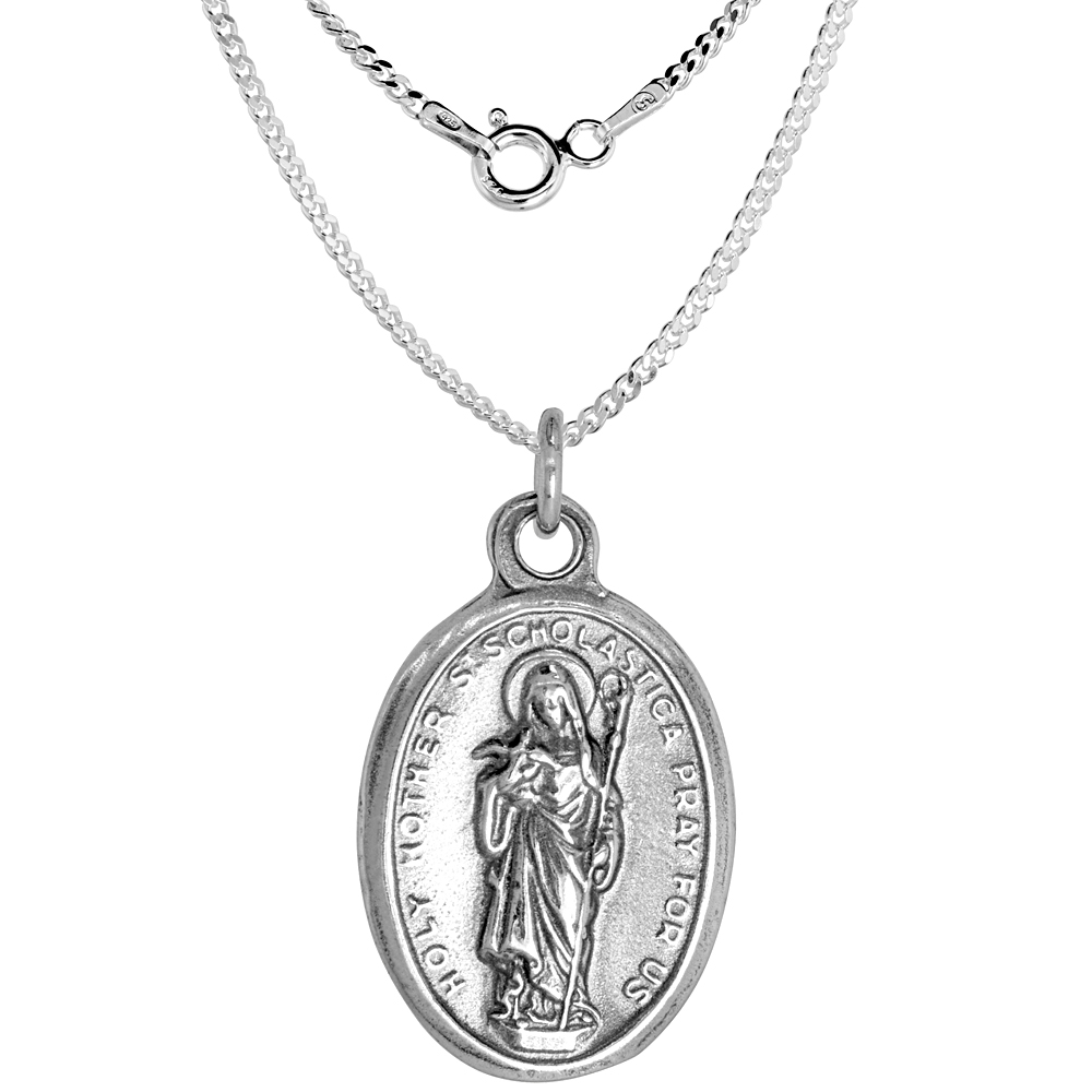 Sterling Silver St Scholastica Medal Pendant Oxidized finish Oval 7/8 inch
