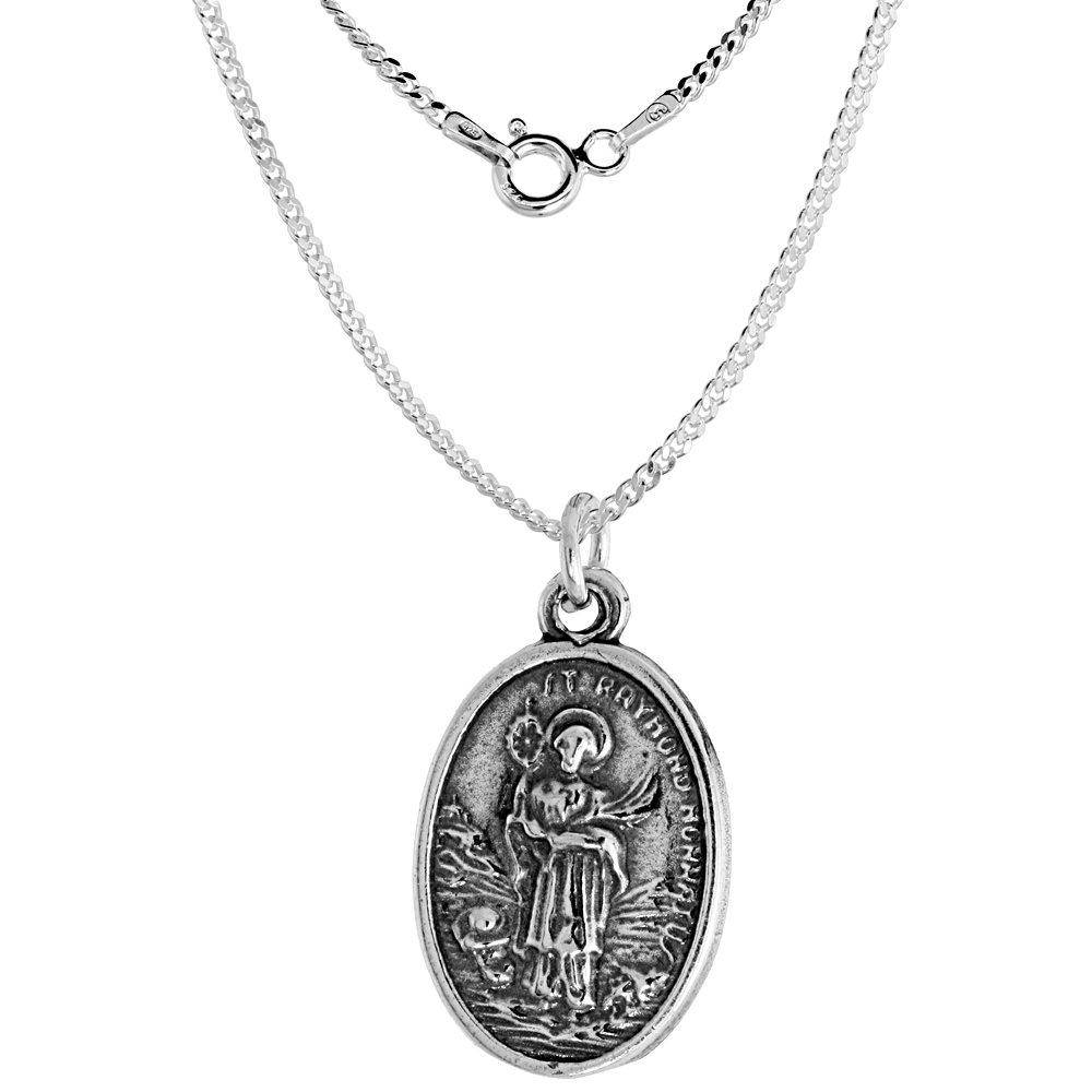Sterling Silver St Raymond Nonnatus Medal Necklace Oxidized finish Oval 1.8mm Chain