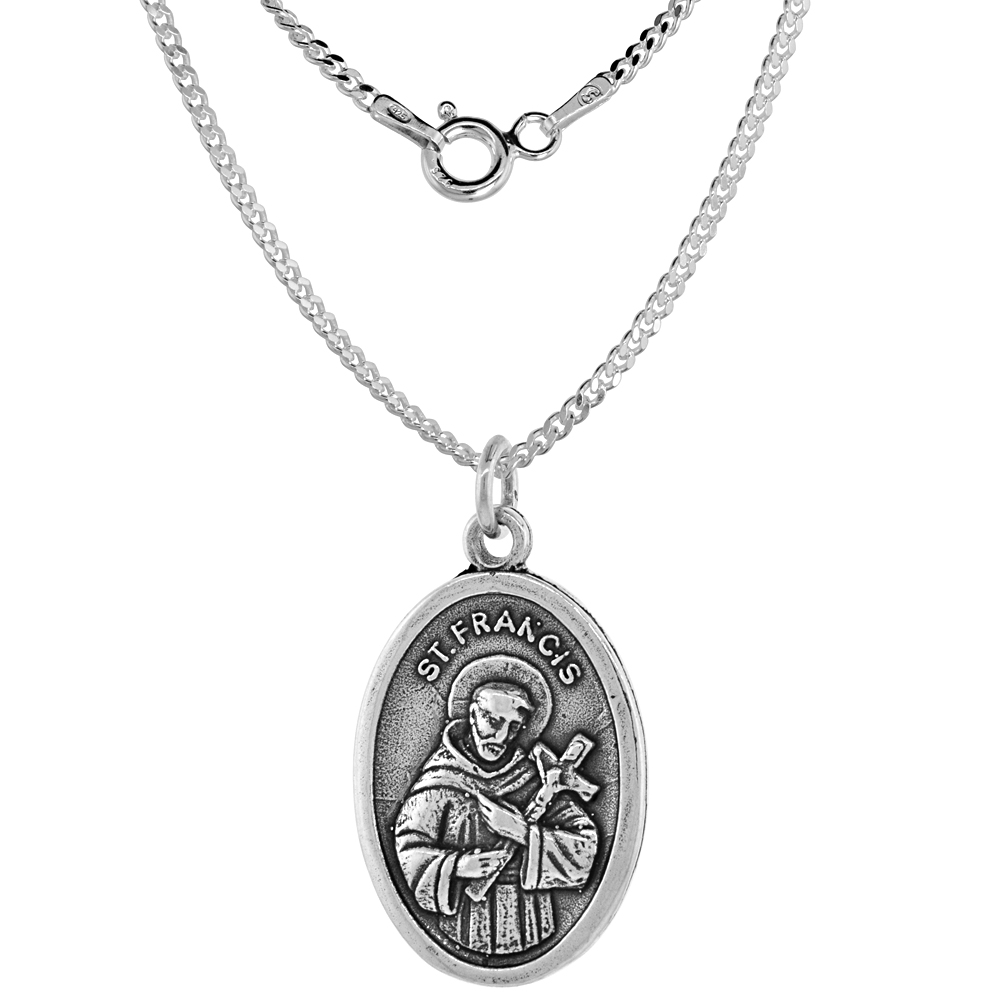 Sterling Silver St Francis Medal Necklace Oxidized finish Oval 1.8mm Chain