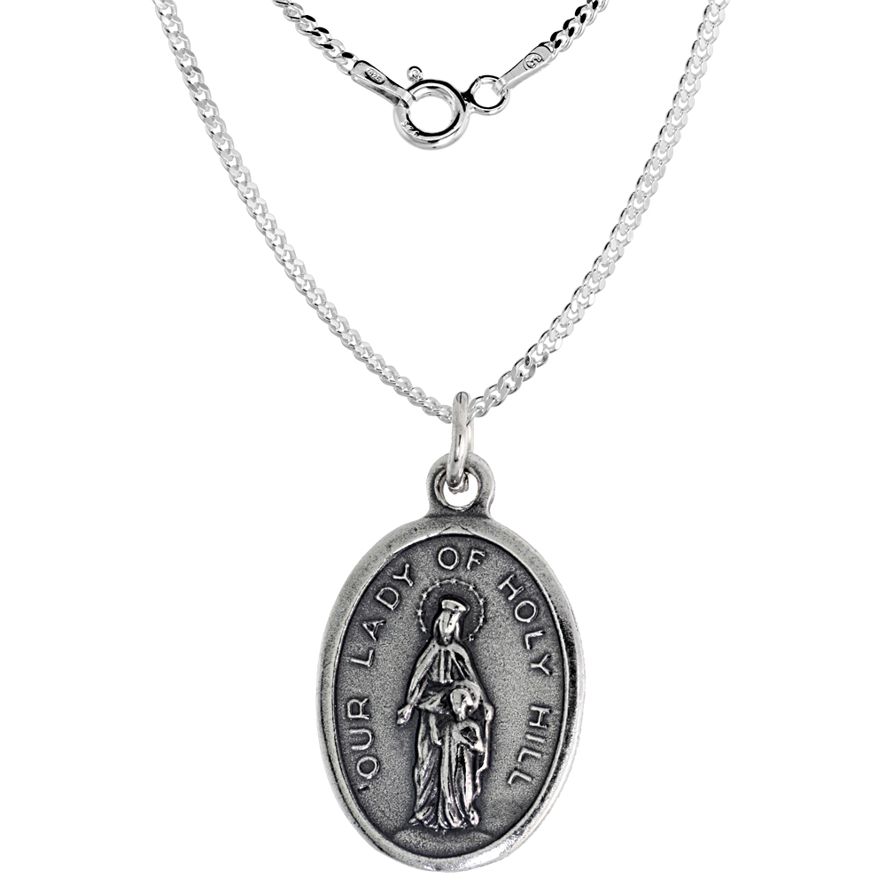 Sterling Silver Our Lady of Holy Hill Medal Necklace Oxidized finish Oval 1.8mm Chain