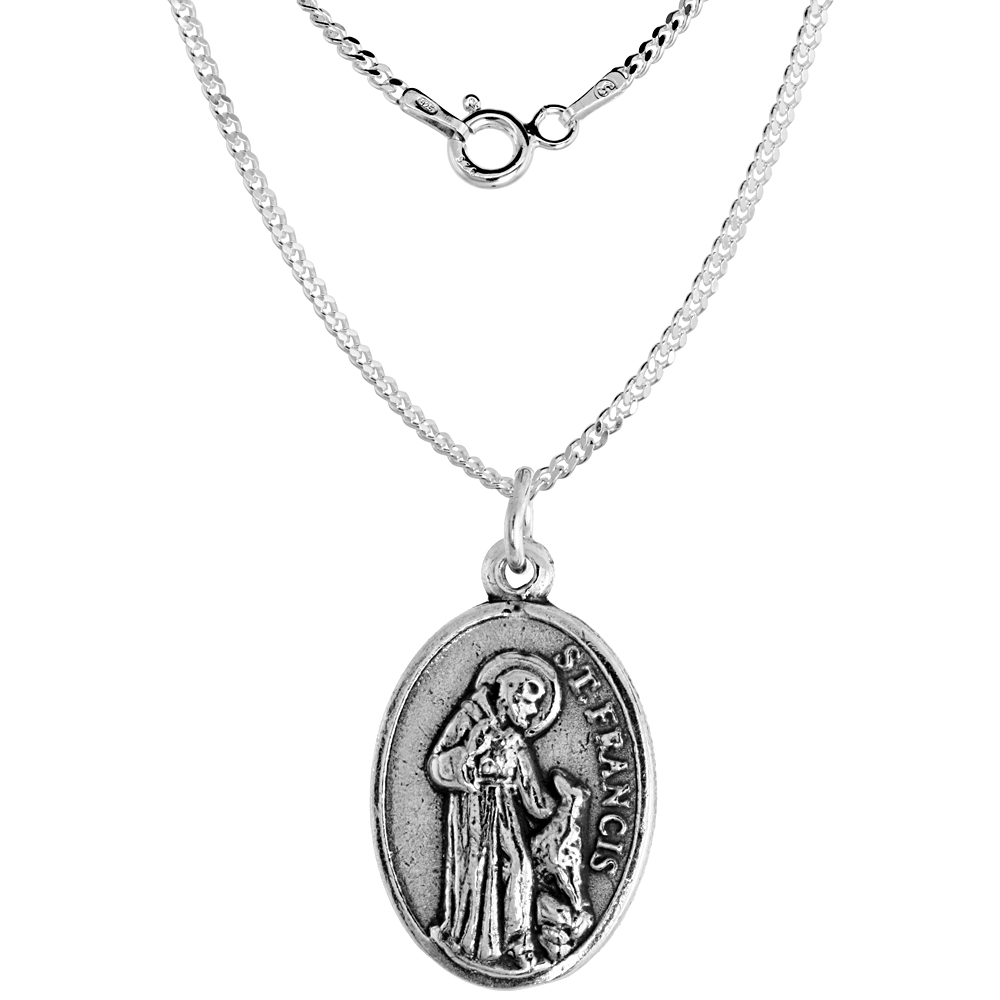 Sterling Silver St Anthony &amp; St Francis Medal Pendant Oxidized finish Double-sided Oval 7/8 inch