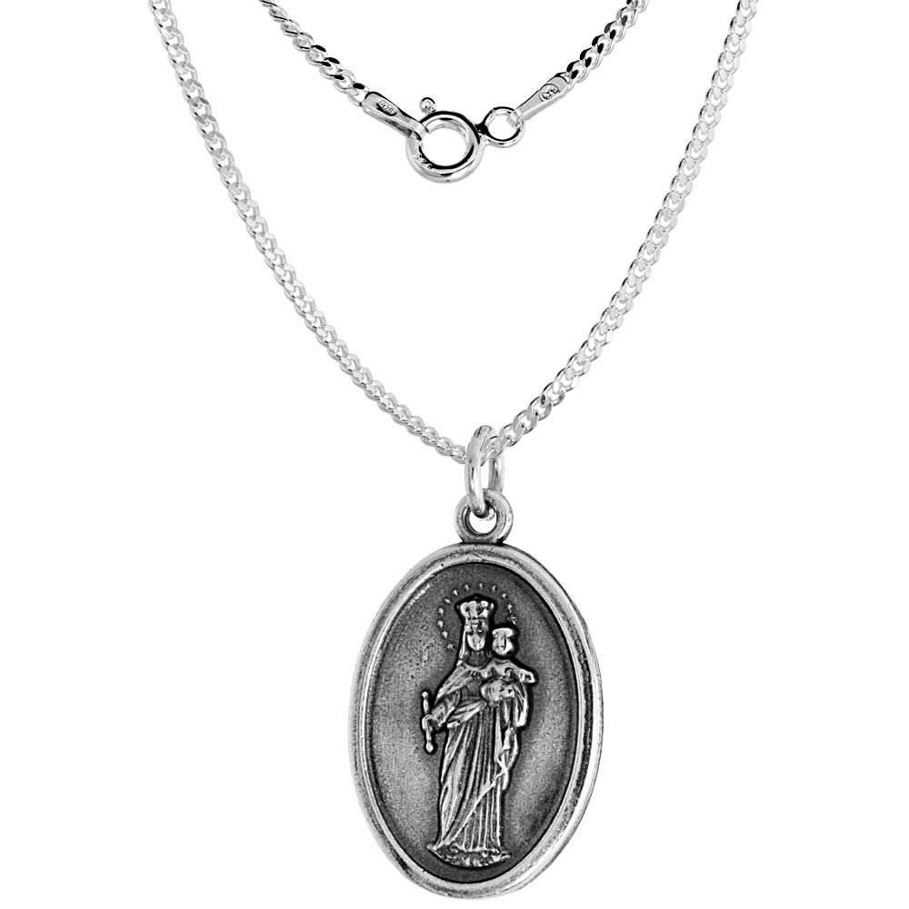 Sterling Silver Virgin Mary & Child Jesus Medal Necklace Oxidized finish Oval 1.8mm Chain