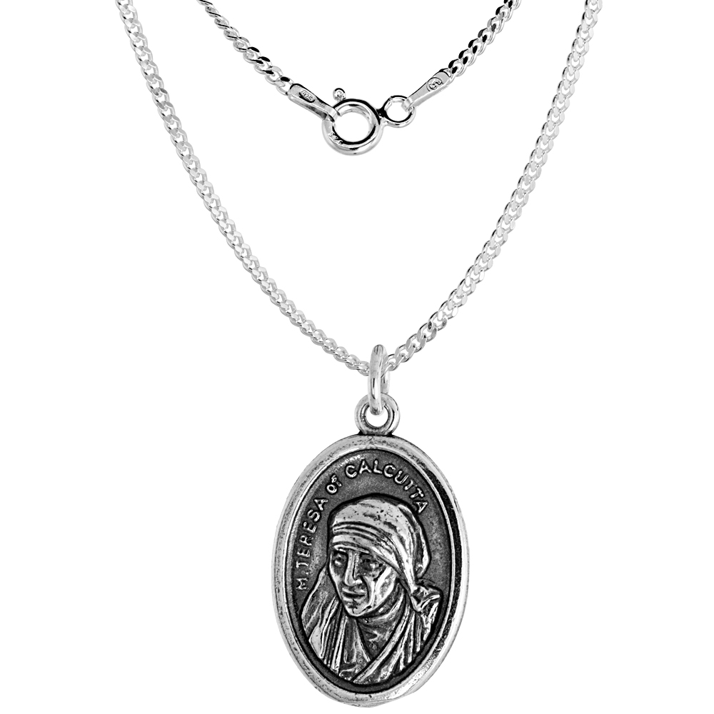 Sterling Silver Mother Teresa Medal Pendant Oxidized finish Oval 7/8 inch
