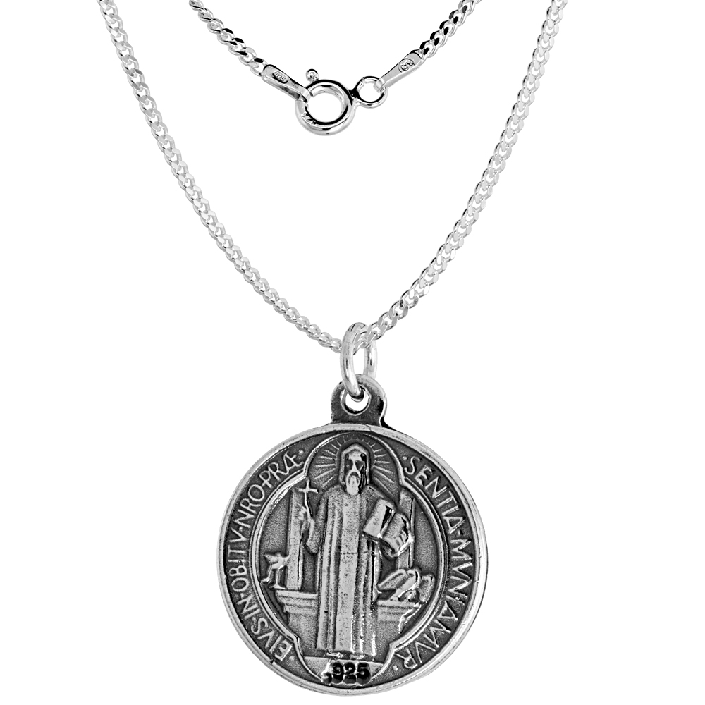 Heavy Large 1 1/4 inch Sterling Silver St Benedict Medal Necklace for Men 28mm Round