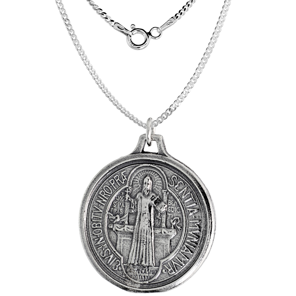 1 1/4 inch Large Sterling Silver St Benedict Medal Pendant Oxidized finish for Men 28mm Round NO Chain Included