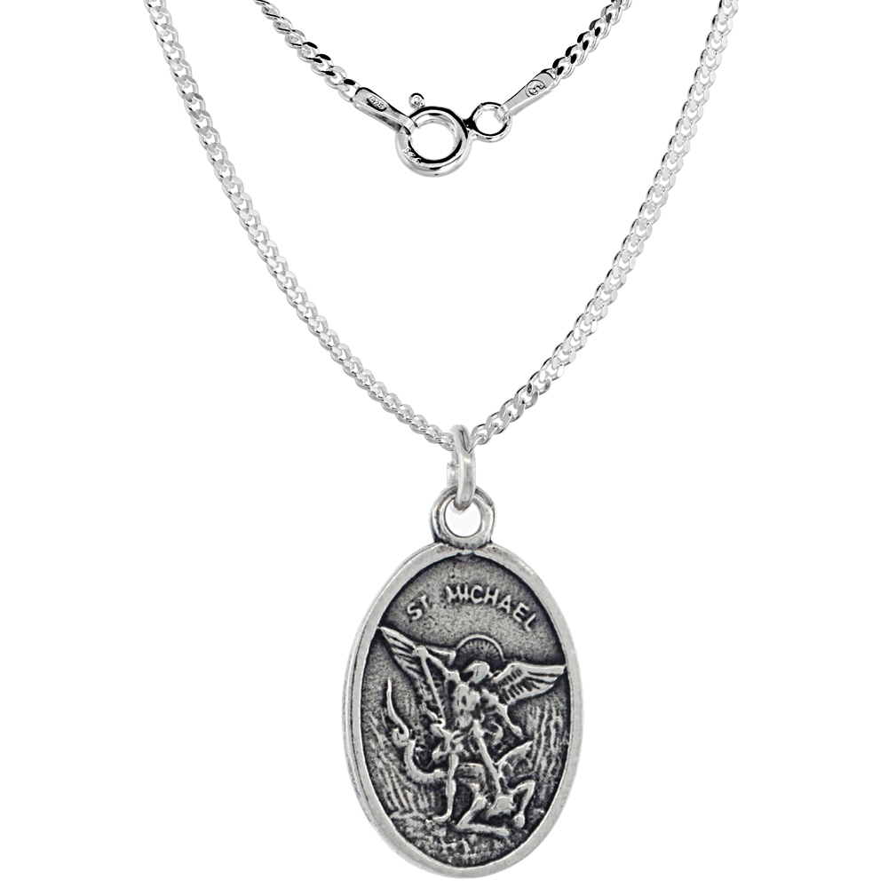 Sterling Silver St Michael Medal Pendant Oxidized finish Oval 1 inch