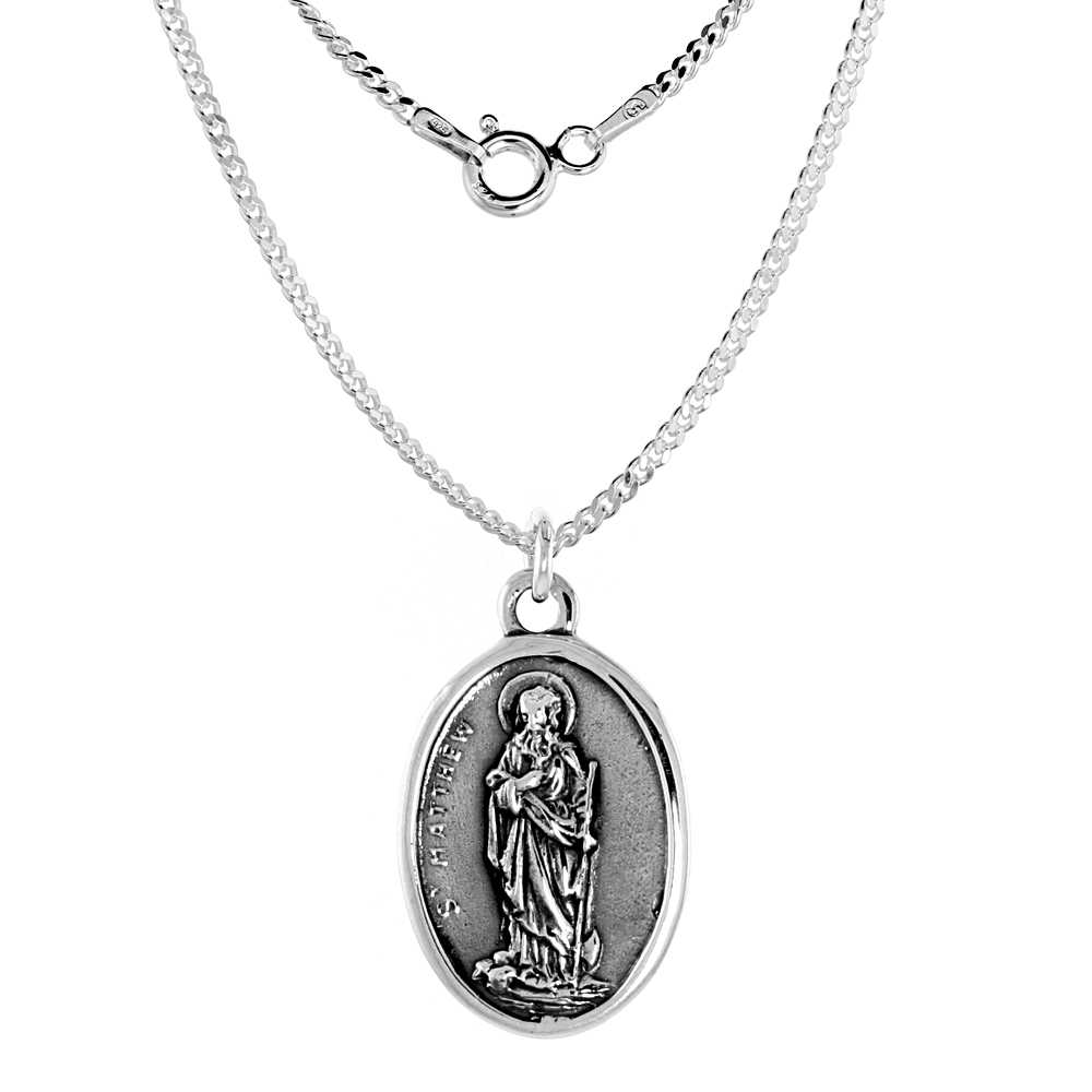 Sterling Silver St Matthew Medal Necklace Oxidized finish Oval 1.8mm Chain