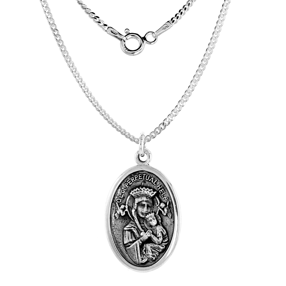 Sterling Silver Our Lady of Perpetual Help Medal Pendant Oxidized finish Oval 1 inch