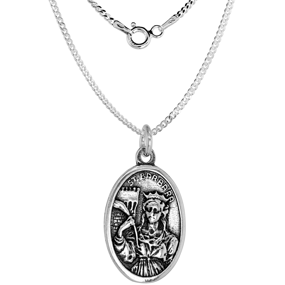 Sterling Silver St Barbara Medal Necklace Oxidized finish Oval 1.8mm Chain
