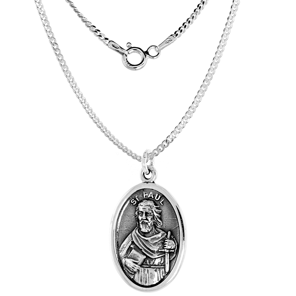 Sterling Silver St Paul Medal Necklace Oxidized finish Oval 1.8mm Chain