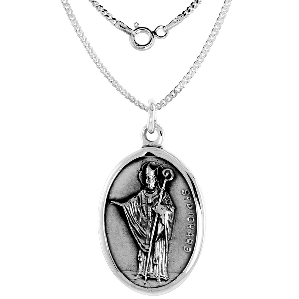 Sterling Silver St Richard Medal Necklace Oxidized finish Oval 1.8mm Chain