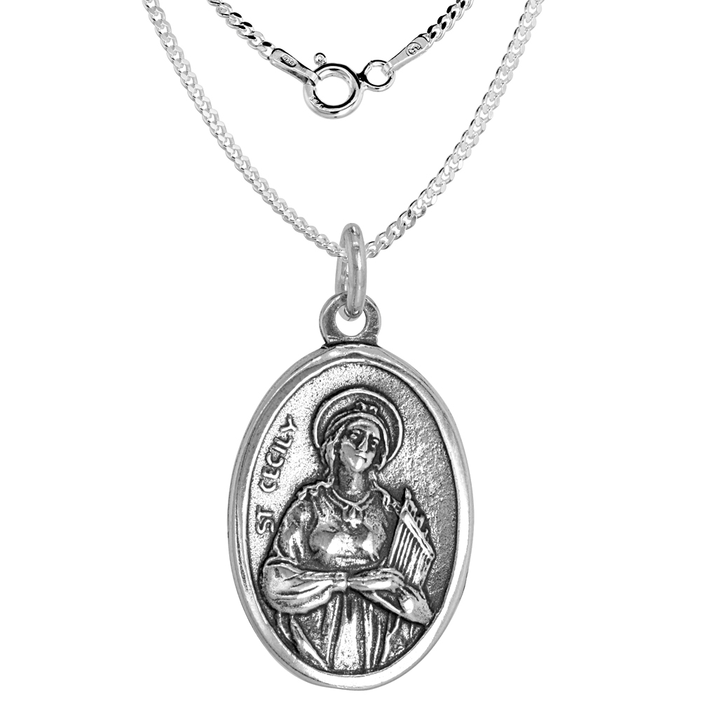 Sterling Silver St Cecily Medal Pendant Oxidized finish Oval 1 inch