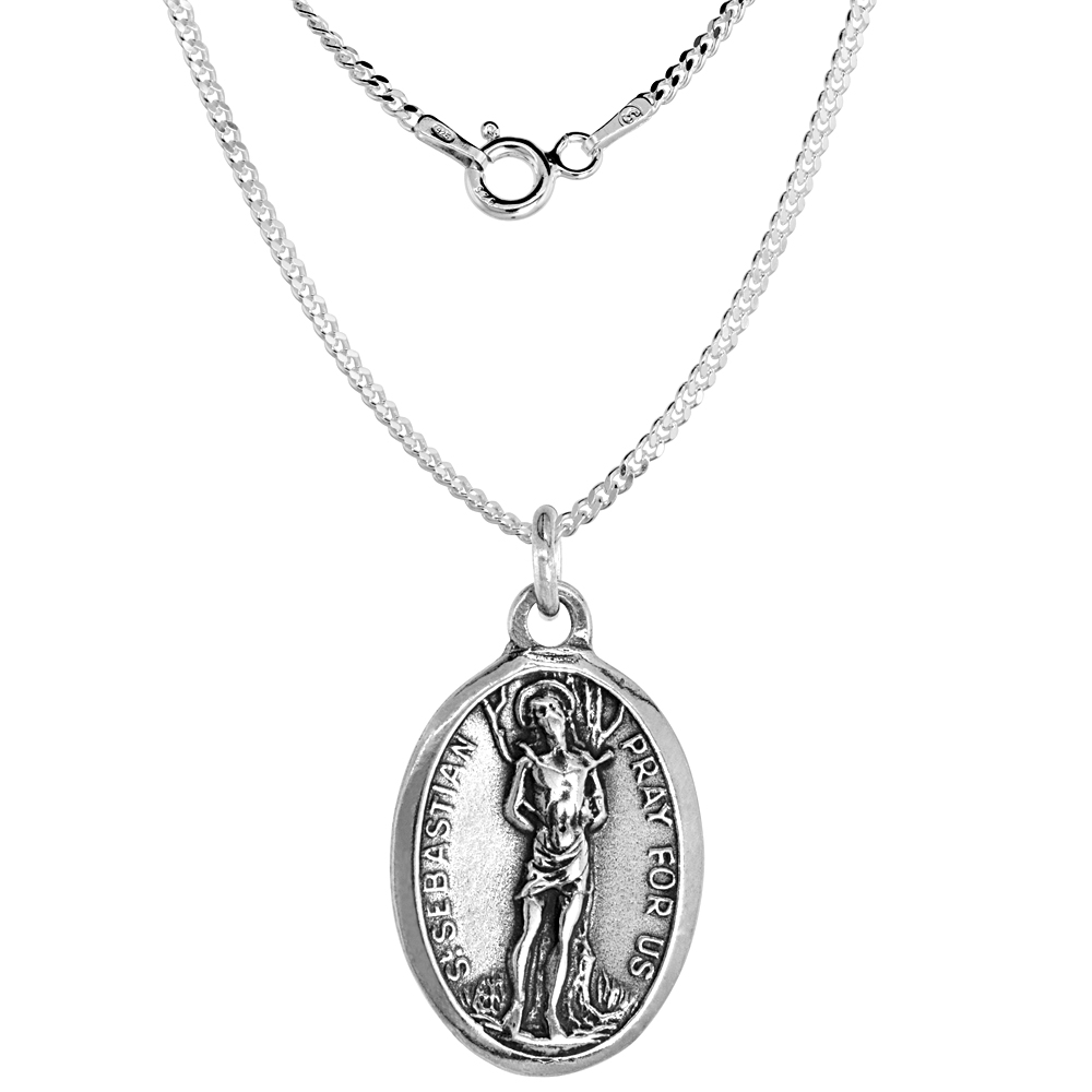 Sterling Silver St Sebastian Medal Necklace Oxidized finish Oval 1.8mm Chain