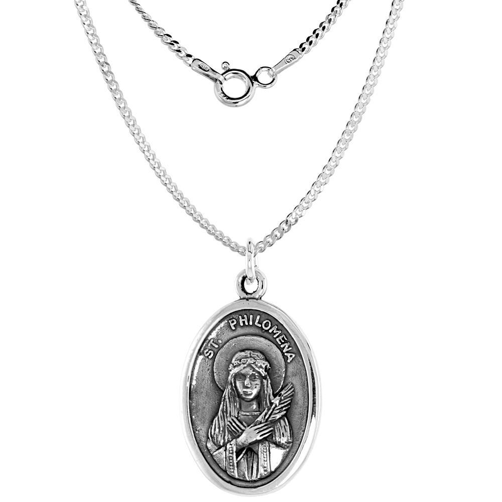 Sterling Silver St Philomena Medal Necklace Oxidized finish Oval 1.8mm Chain