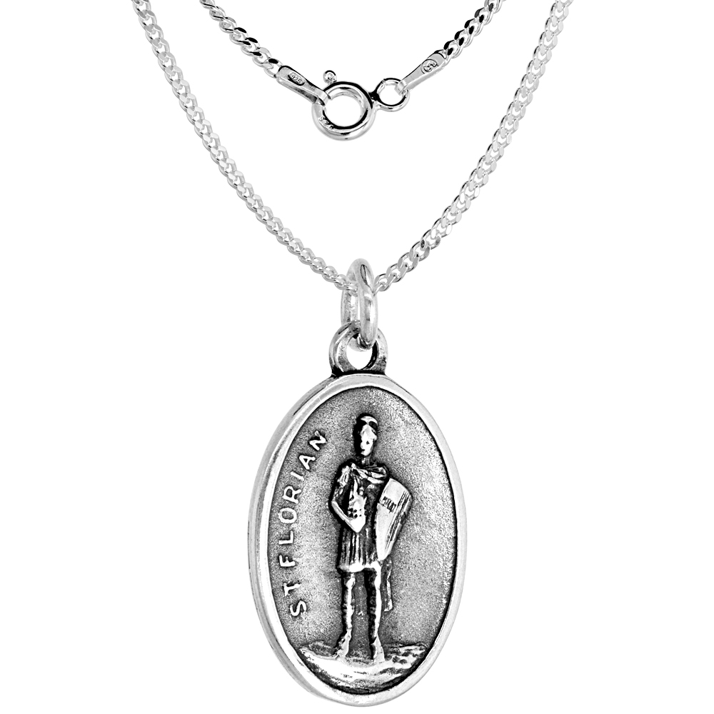 Sterling Silver St Florian Medal Pendant Oxidized finish Oval 1 inch