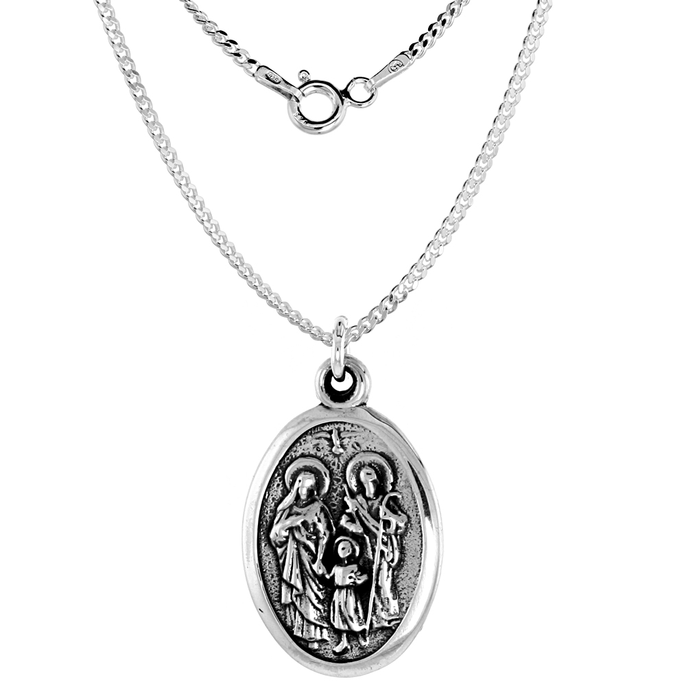 Sterling Silver Jesus Mary Joseph Holy Family Medal Pendant Oxidized finish Oval 1 inch