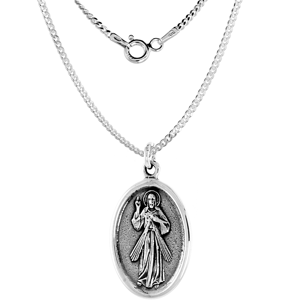 Sterling Silver Resurrection of Jesus Medal Necklace Oxidized finish Oval 1.8mm Chain
