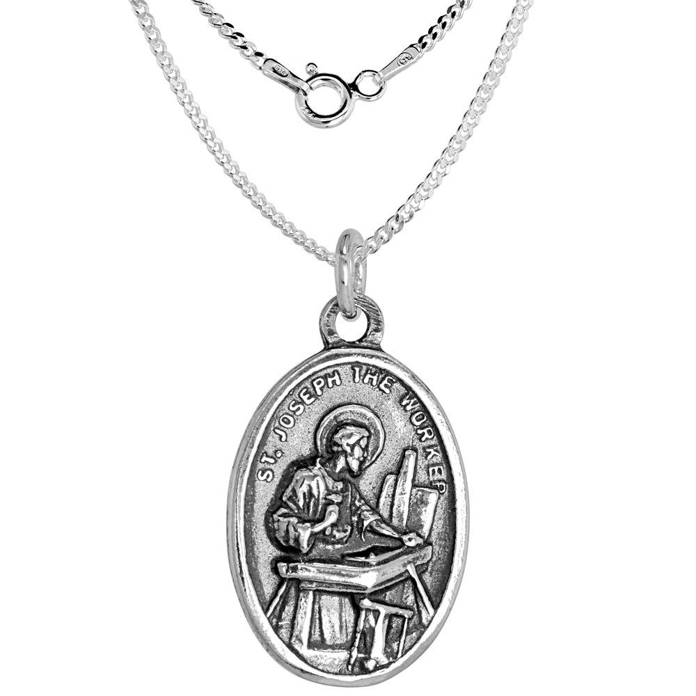 Sterling Silver St Joseph Medal Necklace Oxidized finish Oval 1.8mm Chain