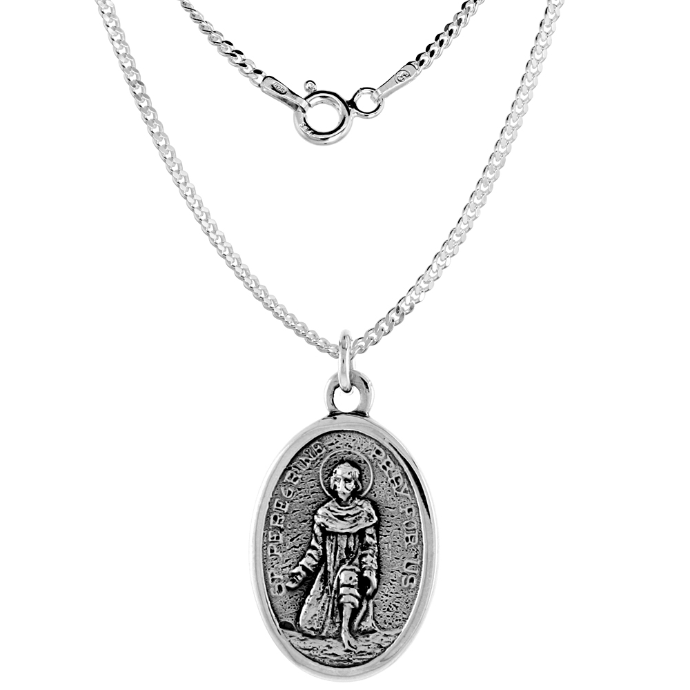 Sterling Silver St Peregrine Medal Pendant Oxidized finish Oval 1 inch