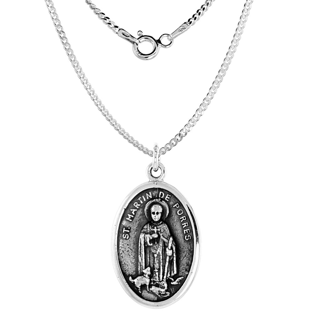 Sterling Silver St Martin de Porres Medal Necklace Oxidized finish Oval 1.8mm Chain