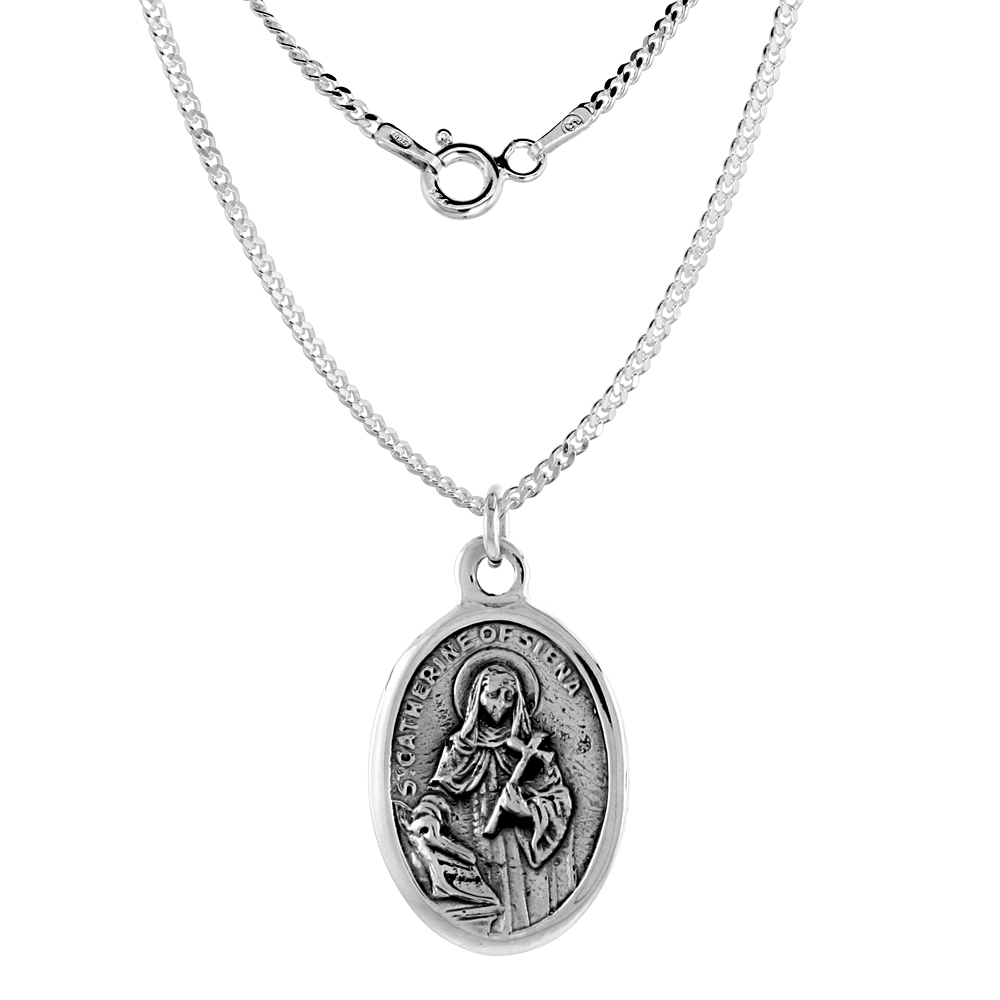 Sterling Silver St Catherine of Siena Medal Necklace Oxidized finish Oval 1.8mm Chain