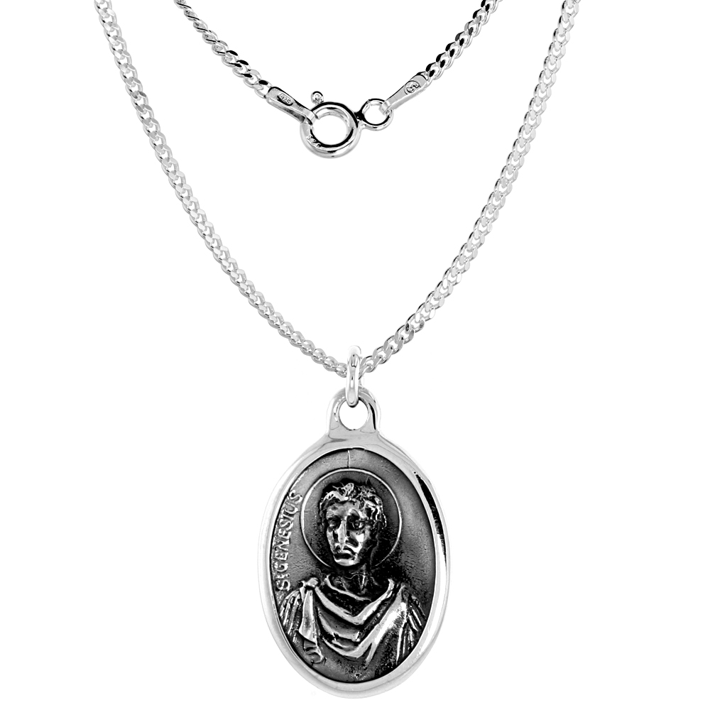 Sterling Silver St Genesius Medal Pendant Oxidized finish Oval 1 inch