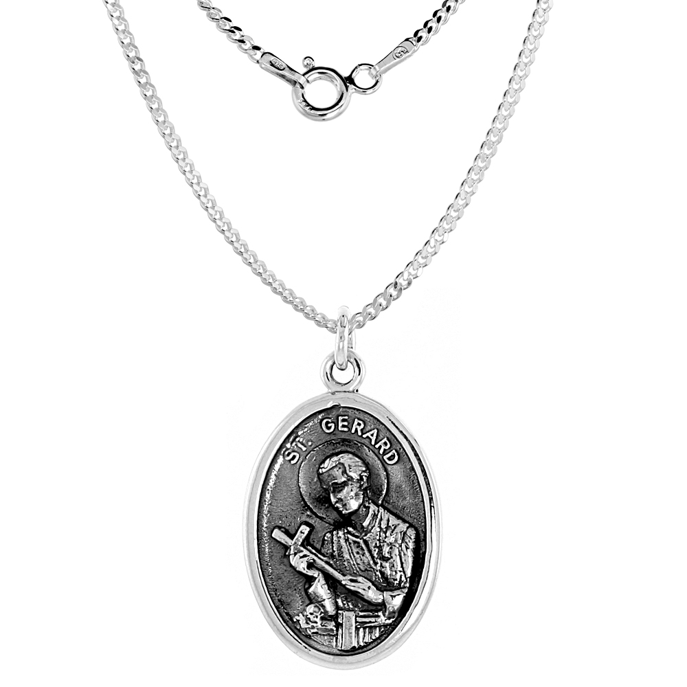 Sterling Silver St Gerard Medal Pendant Oxidized finish Oval 1 inch