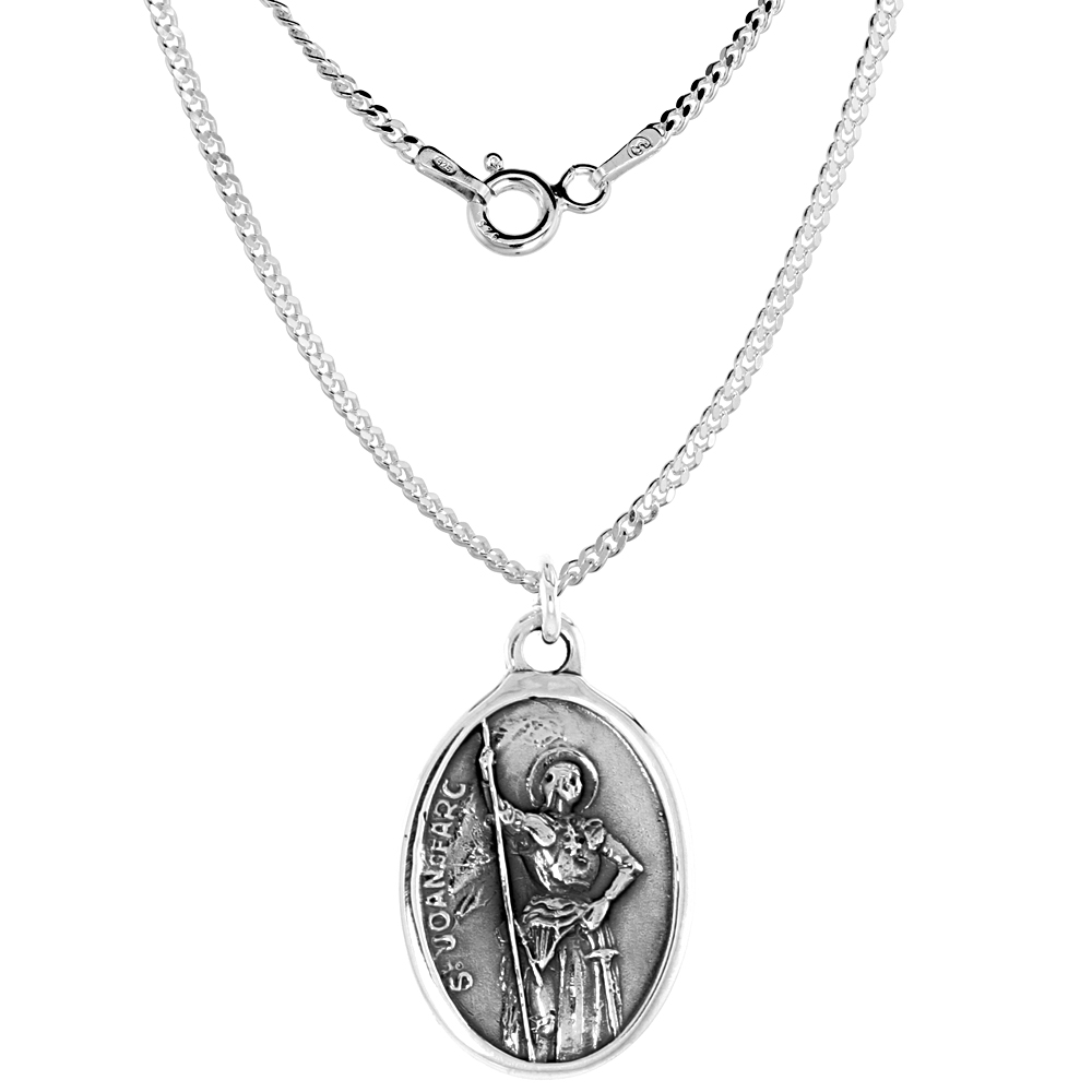 Sterling Silver St Joan of Arc Medal Necklace Oxidized finish Oval 1.8mm Chain
