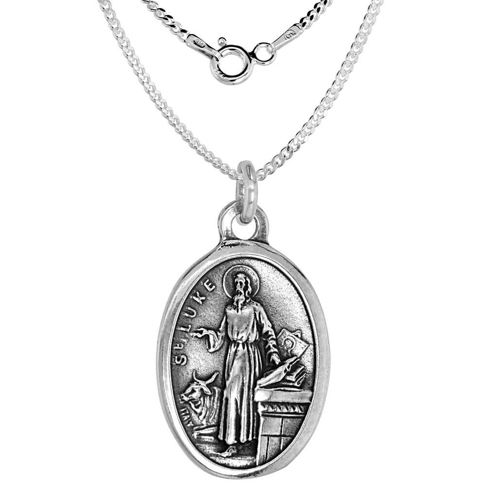 Sterling Silver St Luke Medal Necklace Oxidized finish Oval 1.8mm Chain