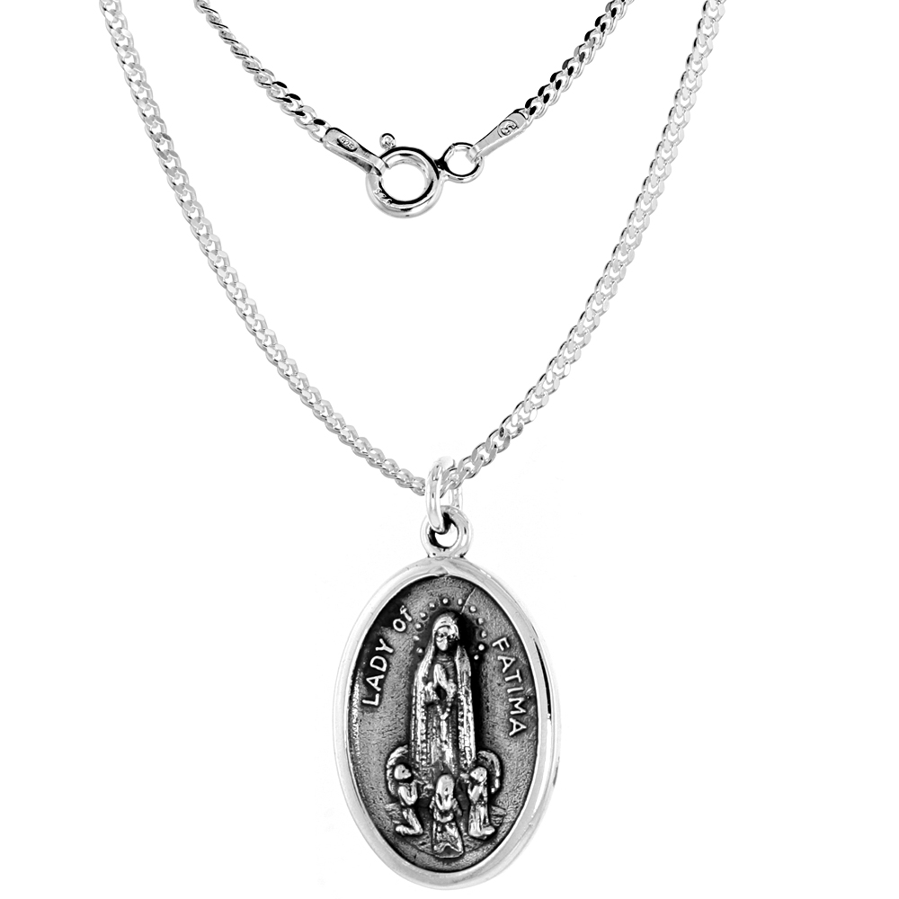Sterling Silver Lady of Fatima Medal Pendant Oxidized finish Oval 1 inch