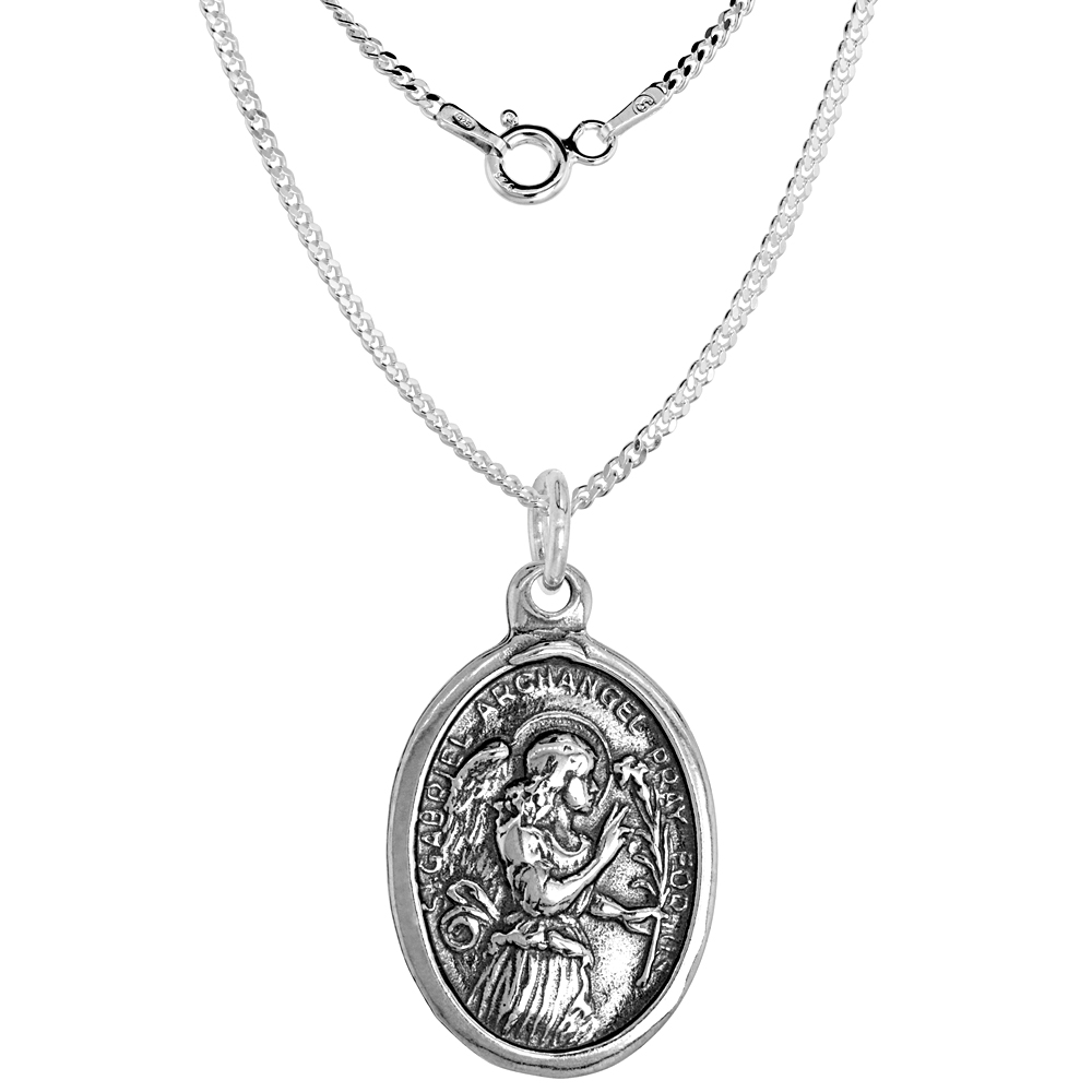 Sterling Silver St Gabriel Medal Pendant Oxidized finish Oval 1 inch