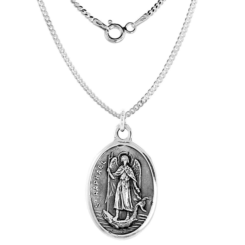 Sterling Silver St Raphael Medal Pendant Oxidized finish Oval 1 inch