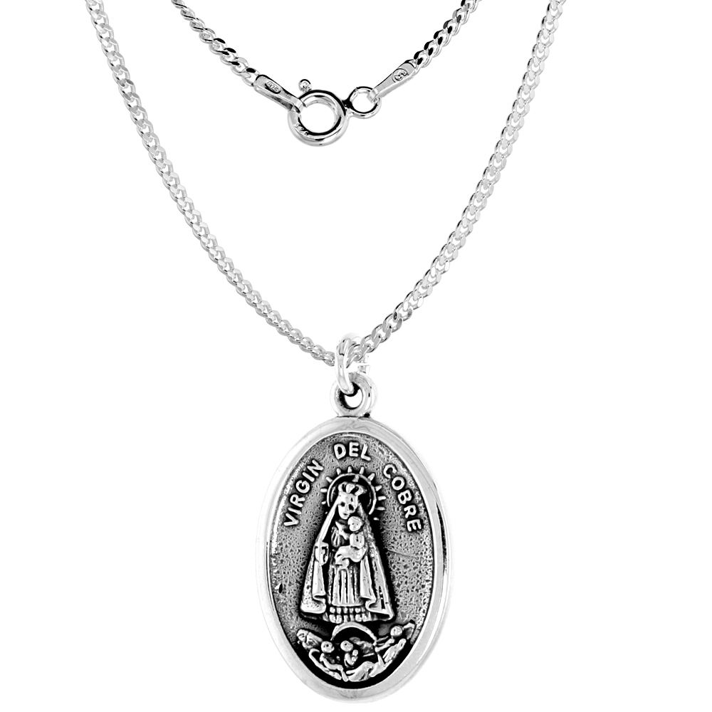 Sterling Silver Virgin Del Cobre Medal Necklace Oxidized finish Oval 1.8mm Chain