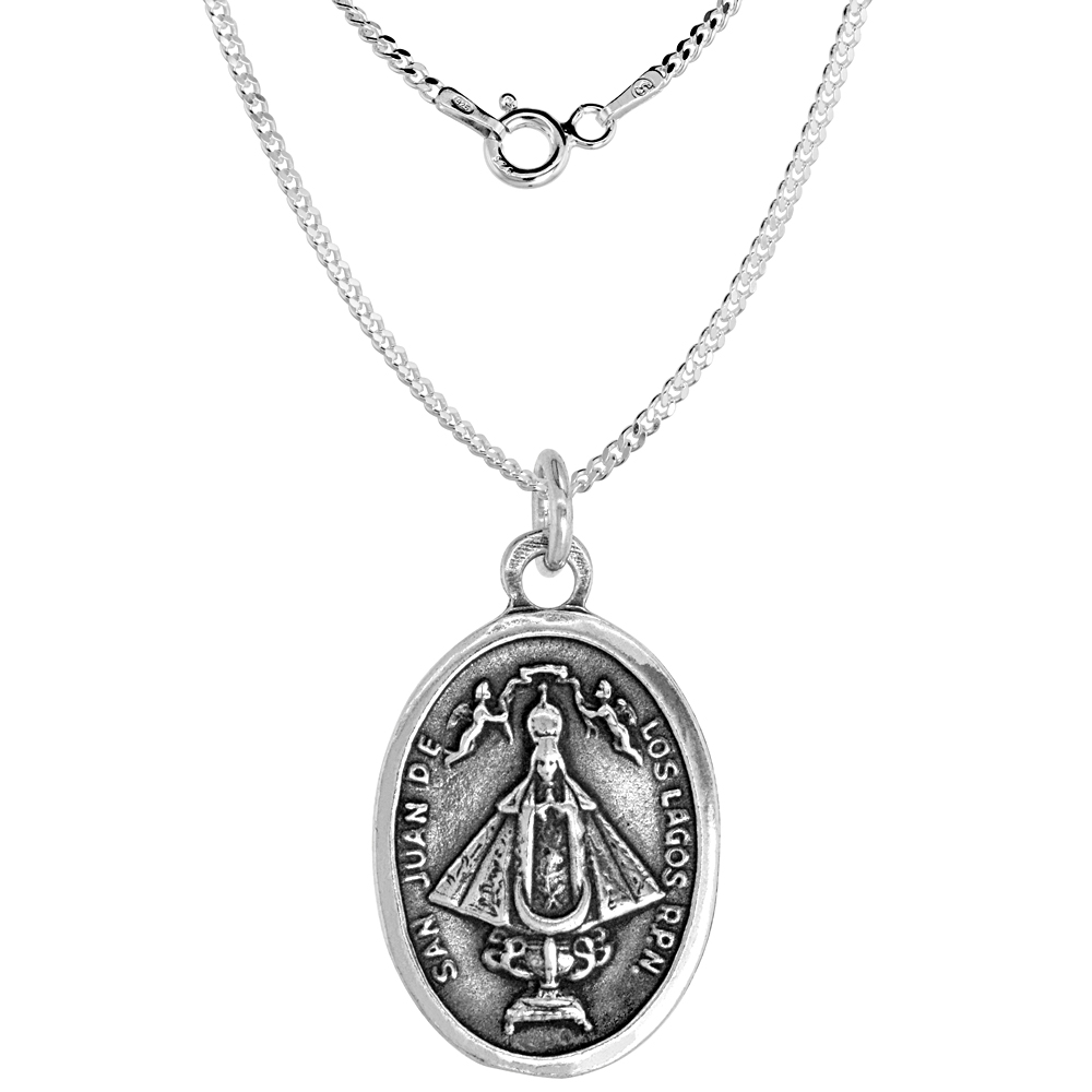 Sterling Silver Our Lady of San Juan de los Lagos Medal Necklace Oxidized finish Oval 1.8mm Chain